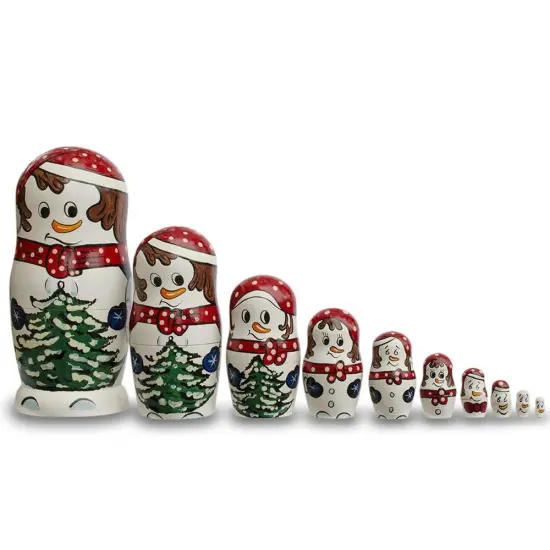 Set of 10 Snowmen with Christmas Tree Wooden Nesting Dolls 10.25 Inches {1}