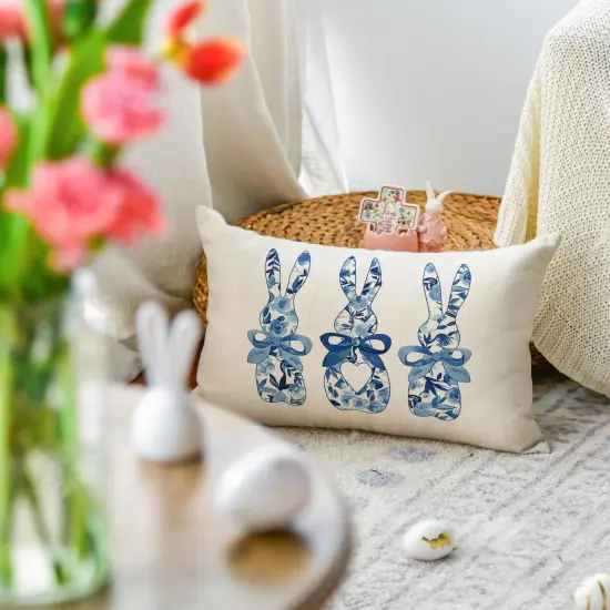 Easter Blue and White Porcelain Color Bunny Throw Pillow Cover, 12 x 20 Inch Flowers Cushion Case Decoration for Sofa Couch {2}