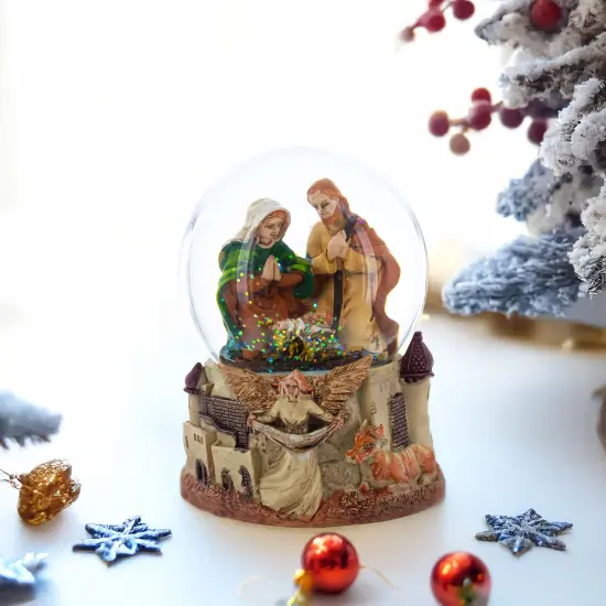 Nativity Scene and Divine Guardian Angel Musical Water Snow Globe {3}