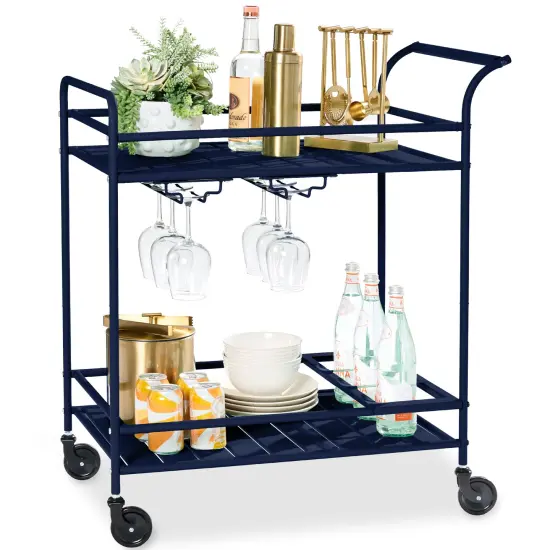 Best Choice Products 2-Tier Rolling Bar Cart Indoor/Outdoor w/ Storage Shelves, Wine Rack, Lockable Wheels Navy {1}