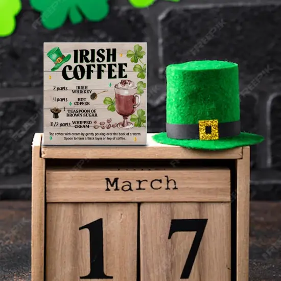 St. Patricks Day Decor, Rustic Irish Coffee Wood Block Sign St Patricks Day Decorations Home Kitchen Tabletop Shelf Desk Decor, 5 X 5 Inches {4}