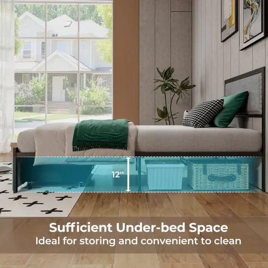 Grey Metal Slats Platform Bed Frame with LED Lights and Drawer {6}