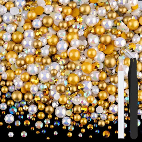 80g Flatback Pearls and Rhinestones for Crafting, White Brown Mixed Size 3-10mm Resin Rhinestones and Half Pearls for Bedazzling, Nail Art and Decoration with Tweezer and Pickup Pencil {1}