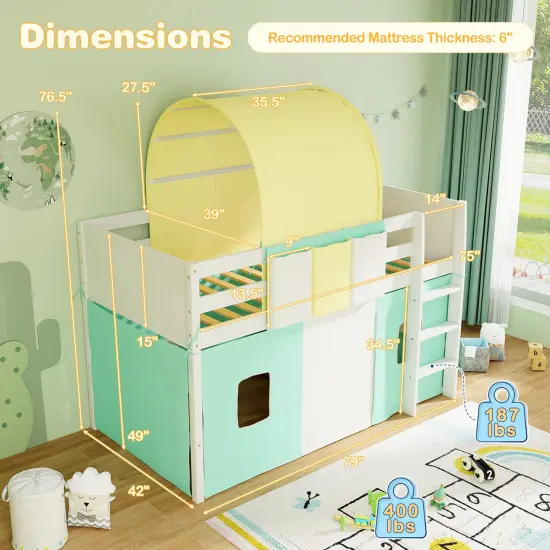 Twin Size Playhouse Loft Bed Frame with Tower Tent and 3 Storage Pockets for Kids Turquoise {4}