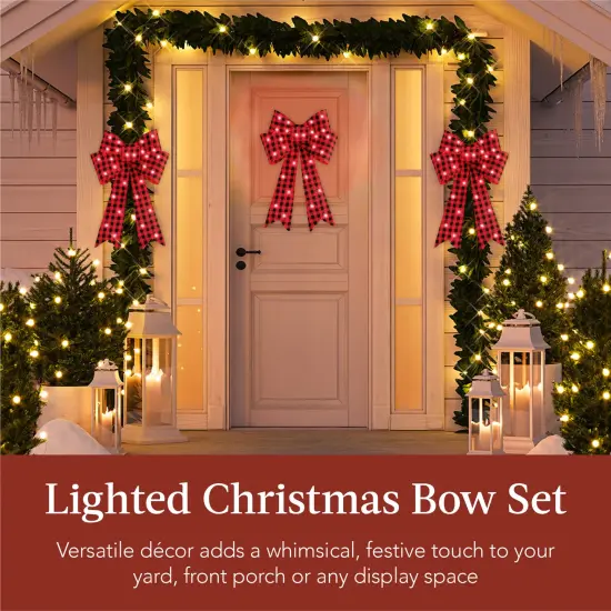 Best Choice Products Set of 3 Pre-Lit Christmas Bows, Indoor/Outdoor LED Holiday Décor w/ 8 Light Functions Plaid {2}