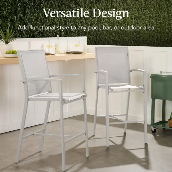 Best Choice Products Outdoor Barstools Set of 2, Bar Height Patio Chairs w/ All-Weather Mesh Gray/Gray {6}