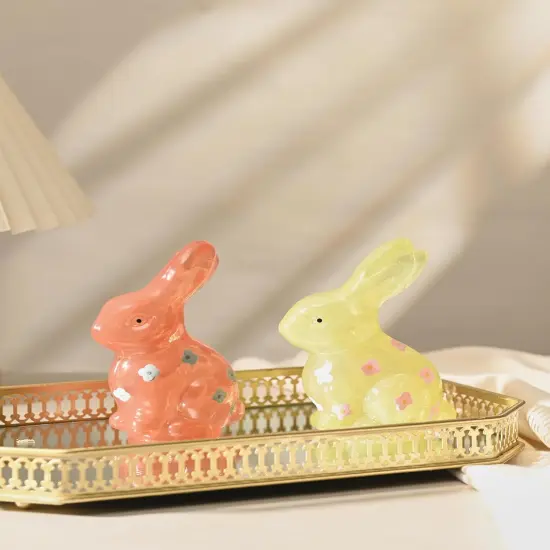 Easter Bunny Decorations Set of 2, Pink and Yellow Glass Rabbit Figurines with Delightful Flower for Spring Tabletop Decor, Indoor Home Decor {3}