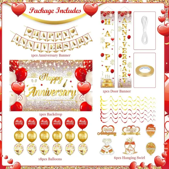 Red Gold Happy Anniversary Banner Balloons {2}