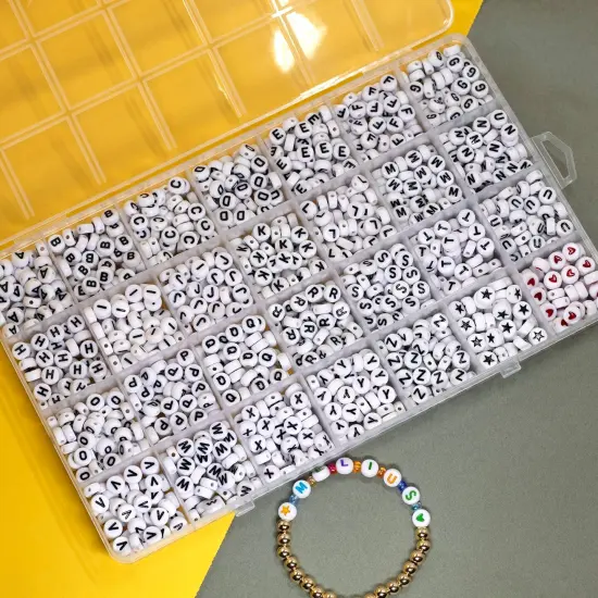 Acrylic Letter Beads, 1450 Pcs 4x7mm Round Alphabet Beads in 28 Grid Box for Jewelry Making, DIY Bracelets (4x7mm, White) {6}