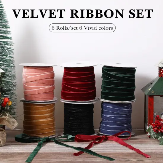 6 Rolls Velvet Ribbon 3/8 Inch Wide Total 150 Yards Single Face Thin Velvet Ribbon for Wrapping Gift, Valentine's Day Tree Garland Decoration Wreath Craft Bow Making {1}