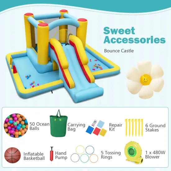 Inflatable Bounce House 7-in-1 Bouncy Castle with Slide and Tunnel with 480W Blower {6}