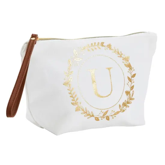 Gold Initial U Personalized Makeup Bag for Women, Monogrammed Canvas Cosmetic Pouch (White, 10 x 3 x 6 In) {1}