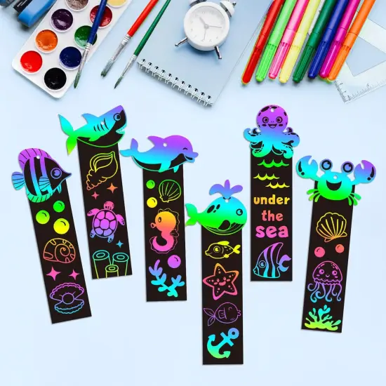 60Pcs Sea World Animals Scratch Bookmarks for Kids DIY Under The Sea Magic Art Rainbow Color Paper Craft Kit Summer {3}