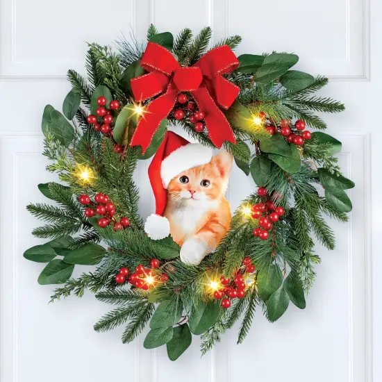 Collections Etc LED Lighted Santa Cat Hanging Christmas Wreath {1}