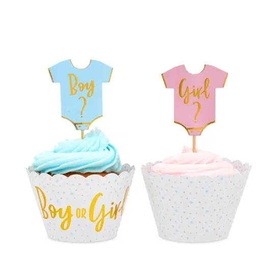 48 Pack Girl or Boy Cupcake Wrappers and 48 Toppers, Gender Reveal Party Supplies Blue {4}