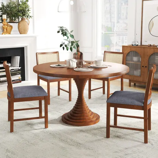 Rattan Dining Chair Set of 2 with Rubber Wood Frame and Linen Fabric Padded Seat-Walnut {3}