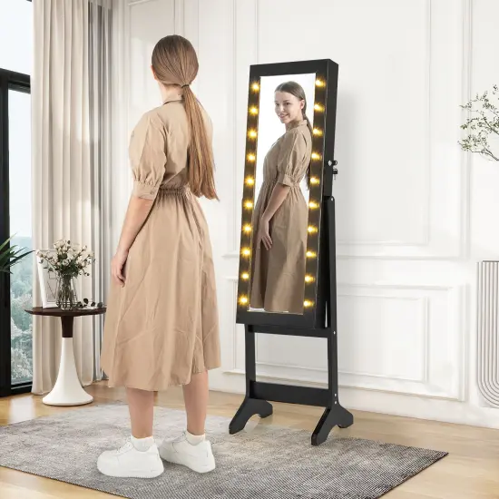 Full Length Mirror Jewelry Cabinet with 20 Warm Lights and 4 Tilt Angles Black {2}