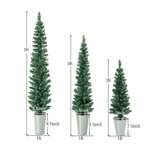 3-Pack Slim Pencil Artificial Christmas Trees with Lifelike Green PVC and Rustic Metal Buckets {4}