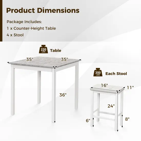 5-Piece Counter-Height Dining Table Set with Wooden Table and Metal Bar Stools, Stylish and Space-Saving White {5}