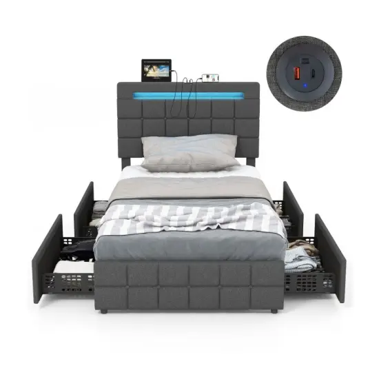 Grey Velvet Upholstered LED Bed Frame with Headboard and Storage Drawers {3}