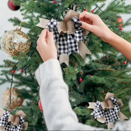 SIMISI RIBBON Christmas Buffalo Plaid Bow Burlap Black White Plaid Bows for Wreath Kitchen Decor (9.5 x 13 inch) {2}
