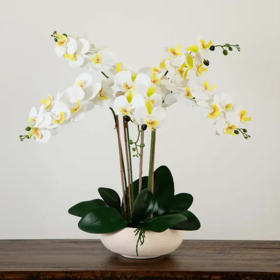 Nearly Natural Phalaenopsis Orchid Artificial Floral Arrangement with Ceramic Planter - 23" - White {5}