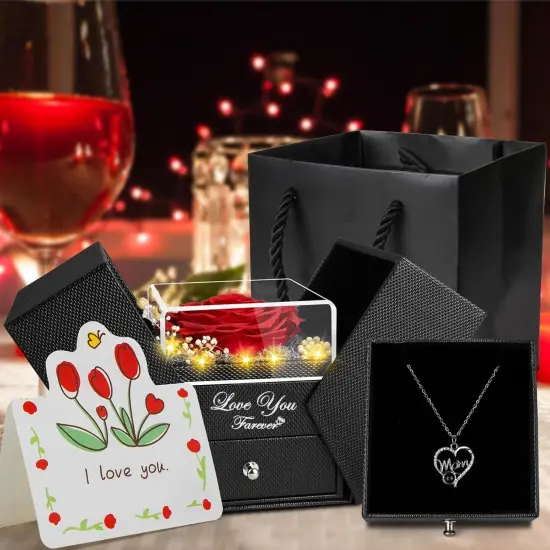 Preserved Red Real Roses with I Love You in 100 Languages Mom Necklace {3}