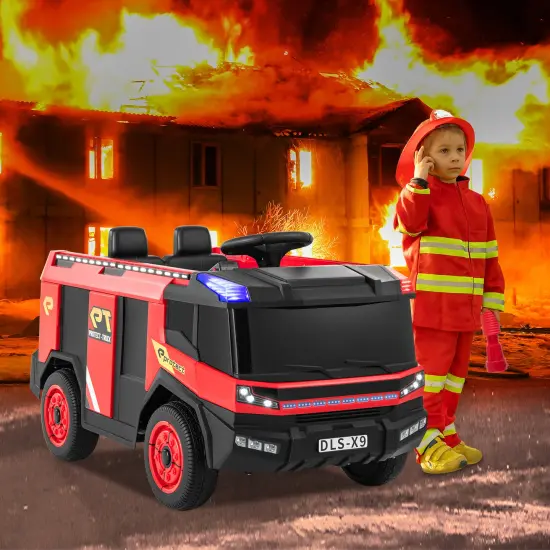 Red 12V Electric Kids Ride-On Fire Truck 2-Seater with Remote Control, Water Gun, and Siren-Red {2}