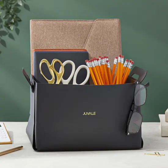 2 Pack Faux Leather Foldable Storage Bins with Handles, Collapsible Baskets for Home Organization (Black, 10 x 6.5 In) {3}