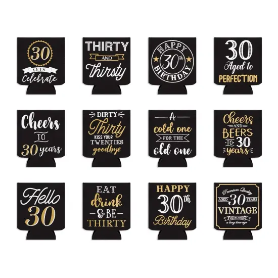 12-Pack Can Cooler Sleeves, 12 Assorted Designs Insulated Neoprene Holder Party Supplies - 30th Birthday Black {5}