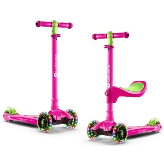 LaScoota 2-in-1 Kids Kick Scooter, Adjustable Height Handlebars and Removable Seat, 3 LED Lighted Wheels and Anti-Slip Deck, for Boys & Girls Aged 3-14 and up to 100 lbs, Fun Scooter with Seat Pink {1}