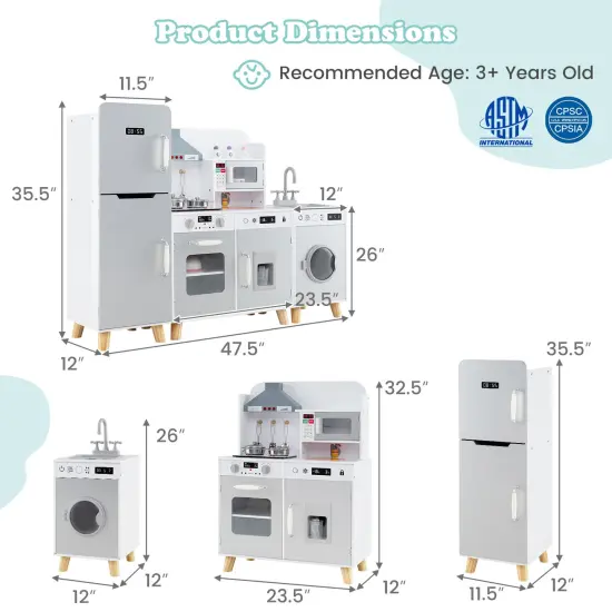 Kids Kitchen Playset 3-in-1 with Refrigerator and Washing Machine-Grey {5}