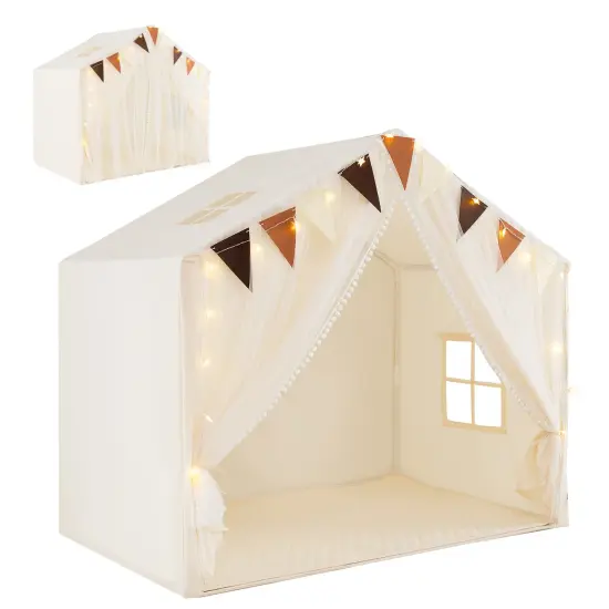 Fabric Large Toddler Playhouse Tent with Door, Curtains, and Windows Beige {1}