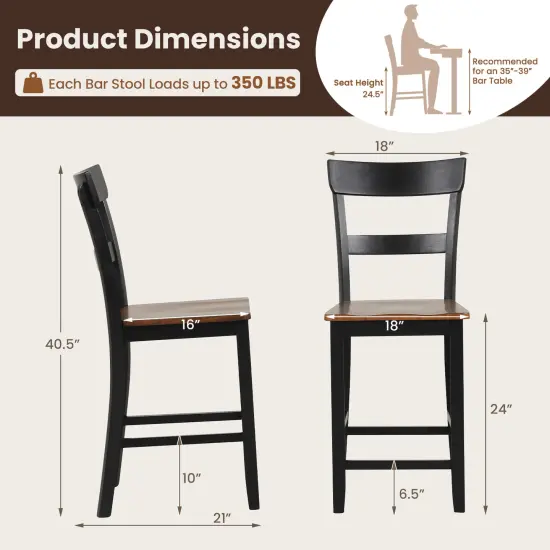 Farmhouse Dining Bar Stool Set of 2 with Solid Rubber Wood Frame-Black {4}