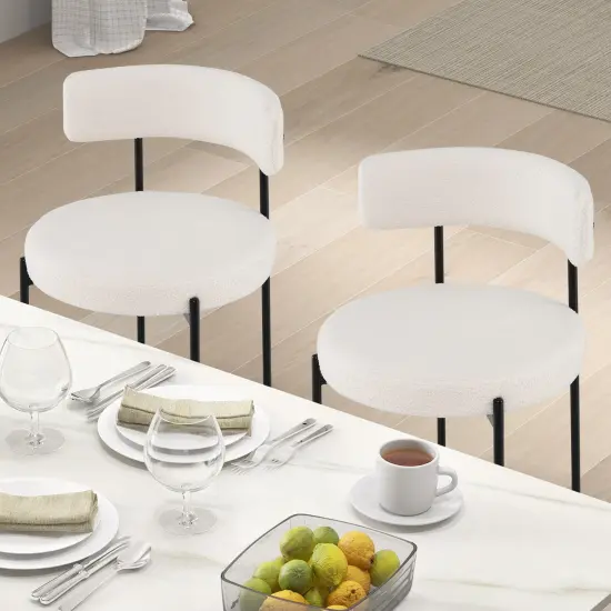 Boucle Dining Chair with Curved Backrest and Metal Legs Set of 4-White {3}