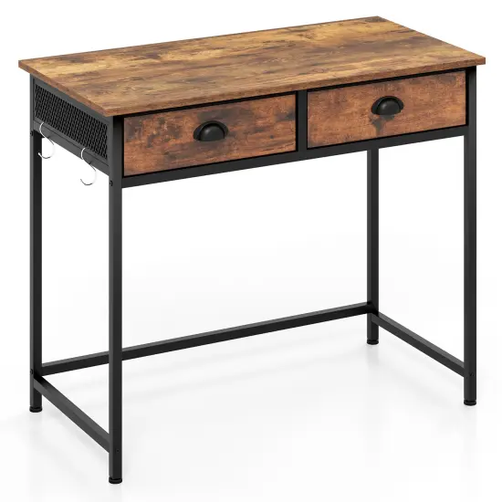 Space Saving Home Office Desk with 2 Fabric Drawers and 4 Hanging Hooks Rustic brown {1}