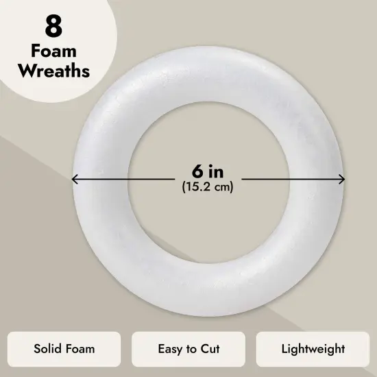 6 Inch Foam Wreath Forms for Crafts, White Circles for Christmas Decorations, DIY Supplies (8 Pack) {4}