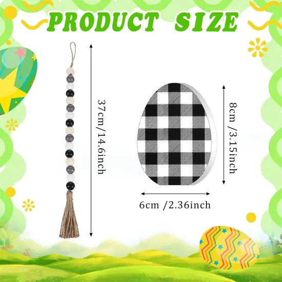 6 Pcs Easter Bunny Eggs Wooden Signs with Wood Bead String Black and White Easter Tiered Tray Decor Set Rustic Wood Table Sign Spring Tabletop Decorations for Home Farmhouse Decor (Egg Style) {3}