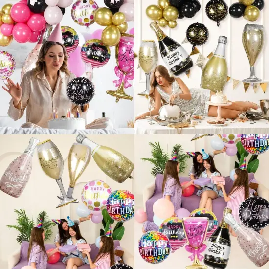Happy Birthday Party Balloons Foil &ndash; 38in 18in Large Mylar Helium Round Champagne Bottle and Champagne Glass Shaped Foil Birthday Balloons {5}