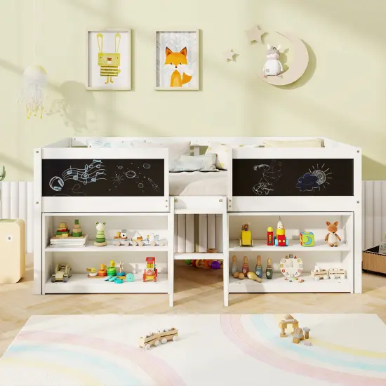 Twin Loft Bed with Chalkboards, Bookcases, Storage Shelf, Guardrails, and Sturdy Wood Construction White {3}