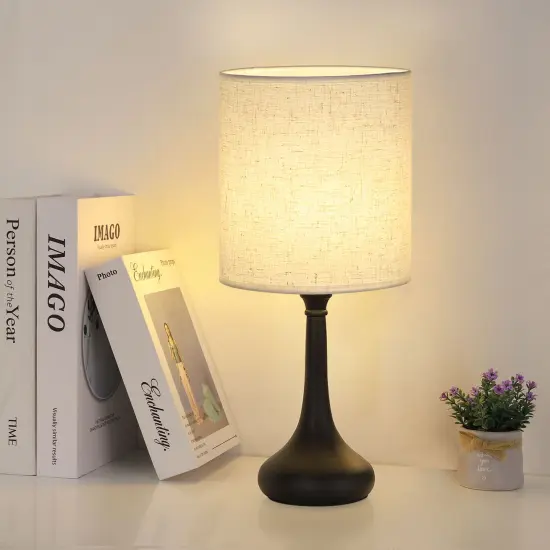 Set of 2 Modern Black Table Lamps &ndash; Compact Nightstand Lamps with Fabric Shade for Bedroom, Office, and Living Room {2}