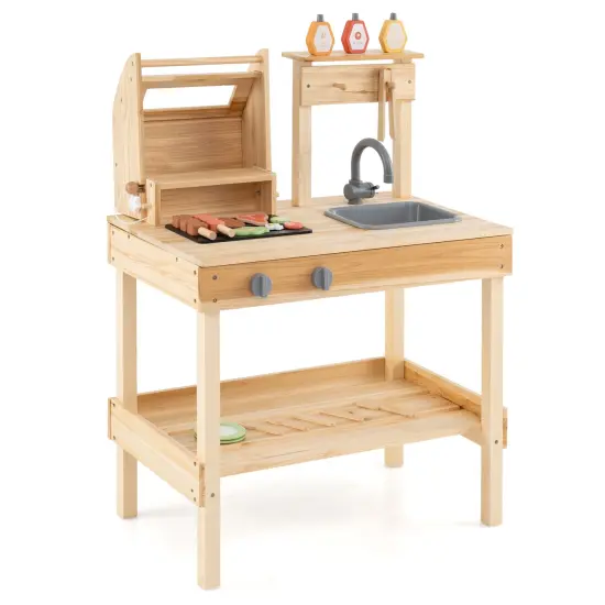Natural Wood Barbecue Grill Playset with Play Food and Open Storage Shelves {1}