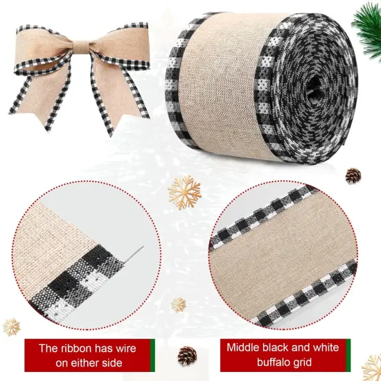 2 Rolls Christmas Buffalo Plaid Wired Edge Ribbons Christmas Tree Burlap Fabric Craft Wrapping Ribbon with Checkered Edge, 216 Inch(2.5 Inch Width,Black and White) {5}