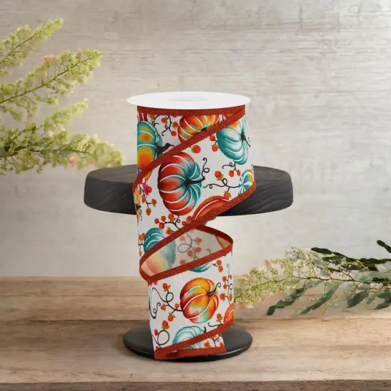 2.5" Pumpkins Bittersweet Ribbon: Ivory/Teal (10 Yards) {3}