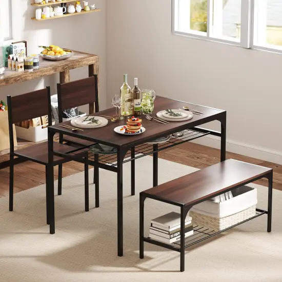 Wood Industrial Rectangular Dining Table with Bench and Metal Chairs Walnut {3}