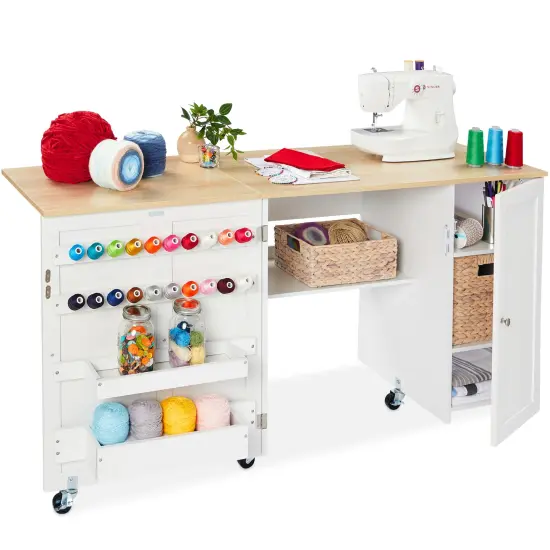 Best Choice Products Large Portable Multipurpose Folding Sewing Table w/ Magnetic Doors, Craft Storage Natural/White {1}