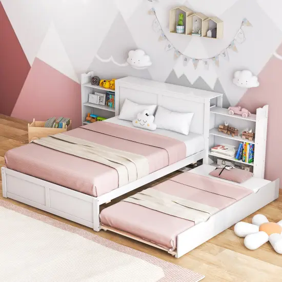 Kids Wooden Platform Bed with Trundle Storage Headboard-Full Size {2}