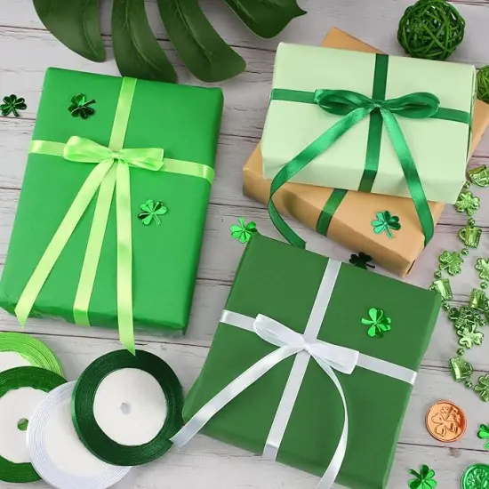St. Patrick's Day Ribbons, 4 Rolls 100 Yards St. Patrick's Day Ribbons 10mm Wide Green Satin Ribbons for Gift Wrapping and Craft Decoration, White & Green {3}