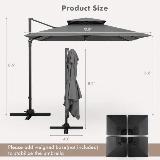 Aluminum 9.5 Feet Cantilever Patio Umbrella with 360&deg; Rotation and Double Top Grey {5}