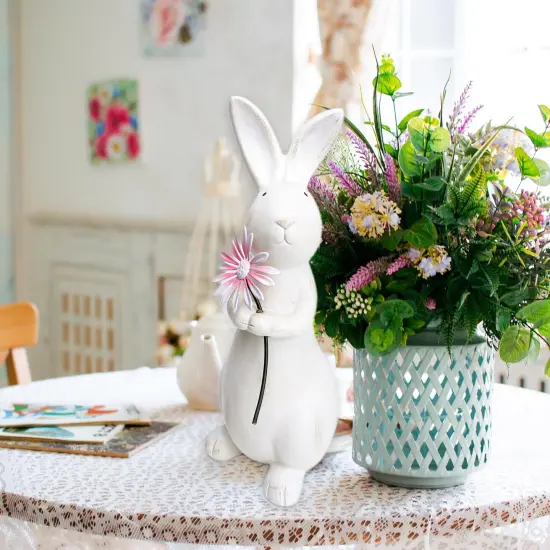 Spring Easter Decorations, 13.2" Distressed Resin Easter Bunny with Pink Flower, Easter Gifts, Farmhouse Decorative Rabbit for Tabletop Mantel, Spring Garden Yard Decor {4}